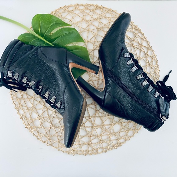 Halogen black leather lace up heeled boots Vero Cupio Made in Italy size 5 - Picture 3 of 14